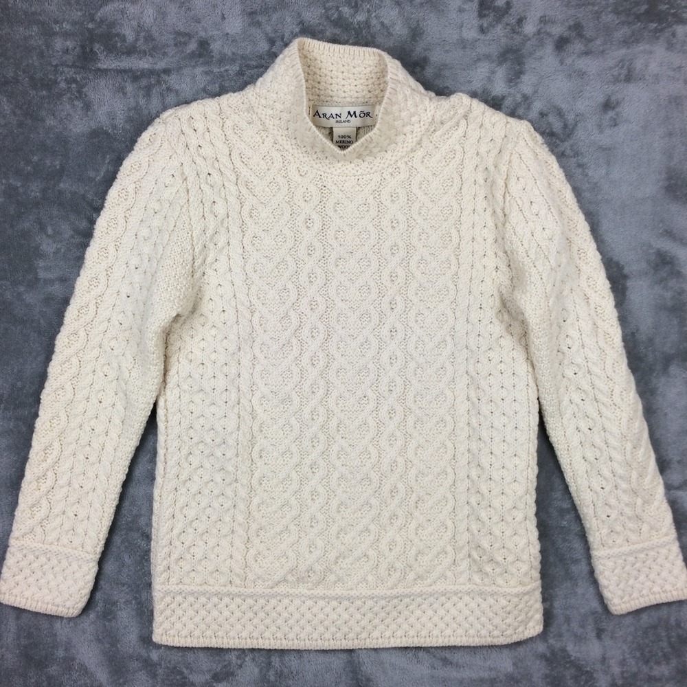 Aran Mor Ireland Cableknit Sweater Large Mock Turtleneck Knit Merino Wool Chunky